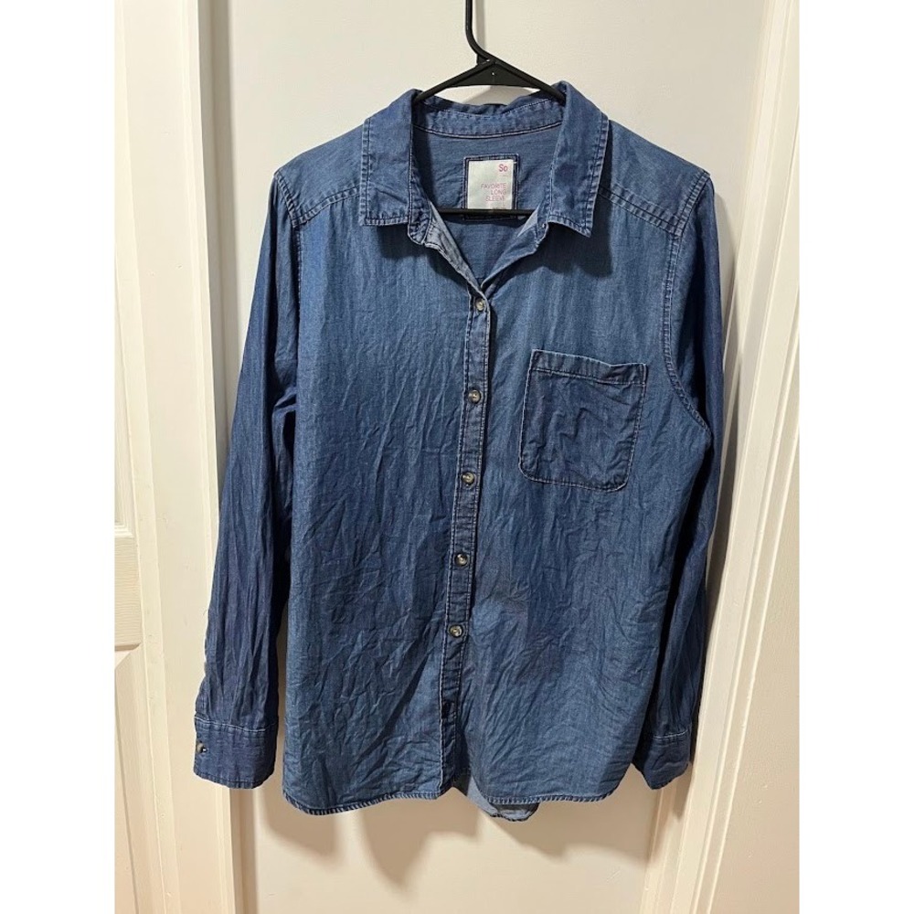 SO Favorite Long Sleeve Denim Button Down Shirt Medium Wash Blue Kids Large